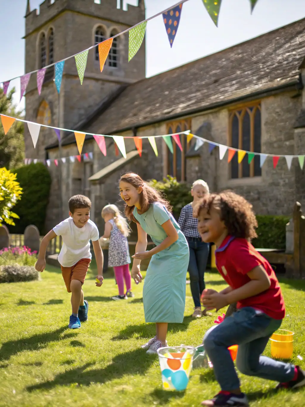 An image of children participating in a traditional game during a community festival organized by COMITE FETES ET LOISIRS.