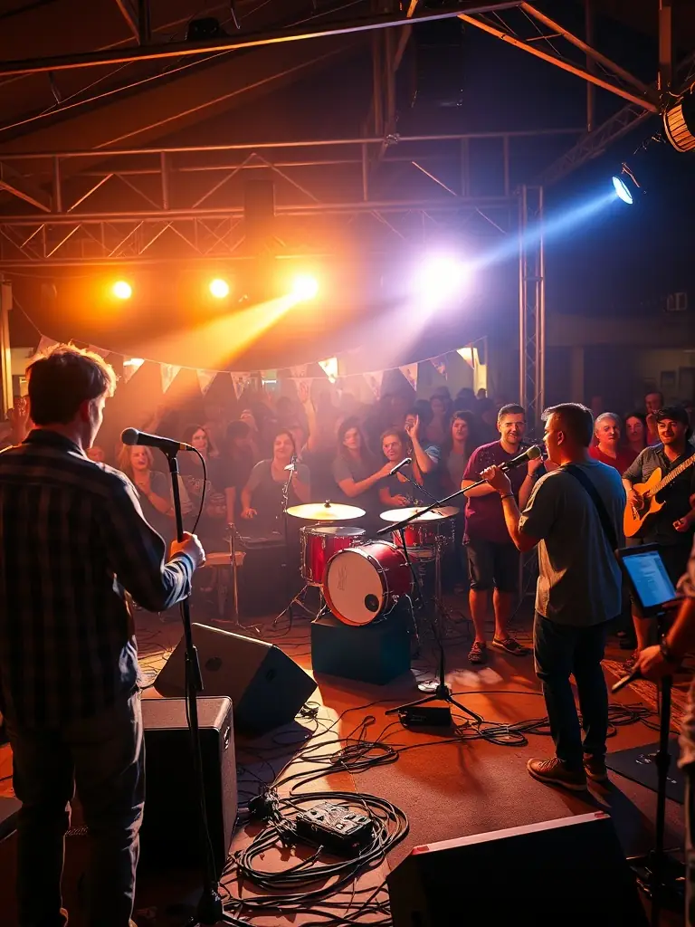 A photo of local musicians performing on stage at a COMITE FETES ET LOISIRS event, highlighting the organization's support for local talent.