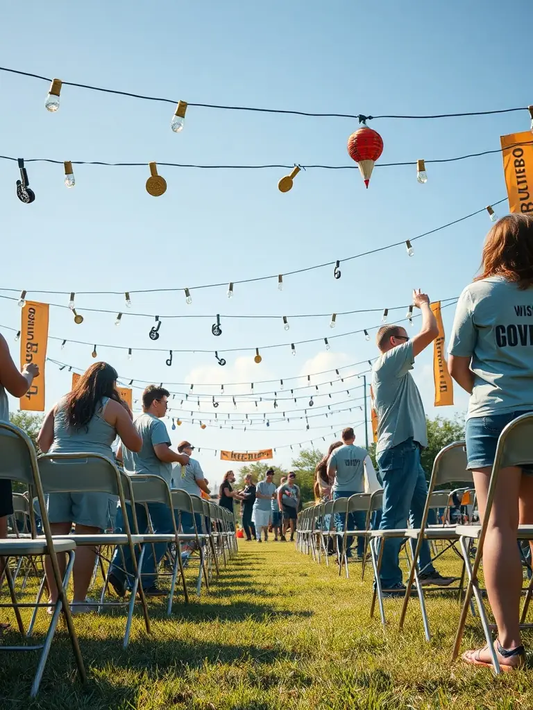A photograph capturing volunteers setting up decorations for a local festival, showcasing the collaborative effort behind COMITE FETES ET LOISIRS' events.