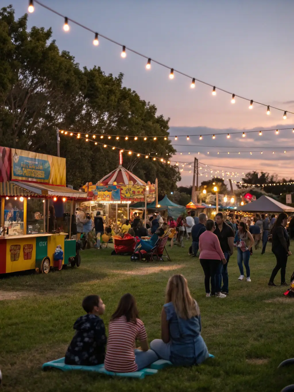 A vibrant image depicting a local festival with people enjoying music, food, and games, showcasing the lively atmosphere of a COMITE FETES ET LOISIRS event.