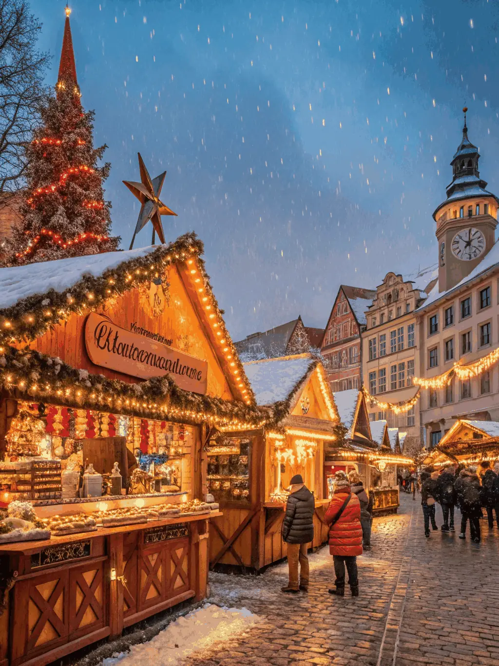 An image of a Christmas market organized by COMITE FETES ET LOISIRS, with stalls selling festive goods and decorations, creating a warm and inviting holiday atmosphere.